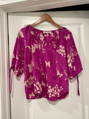 Yum Kim Fuchsia Butterfly & polka dot Peasant Blouse silk xs